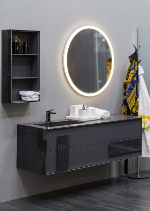 Bathroom,Interior,Grey,Sink,And,Black,Tap,,Round,Led,Mirror.